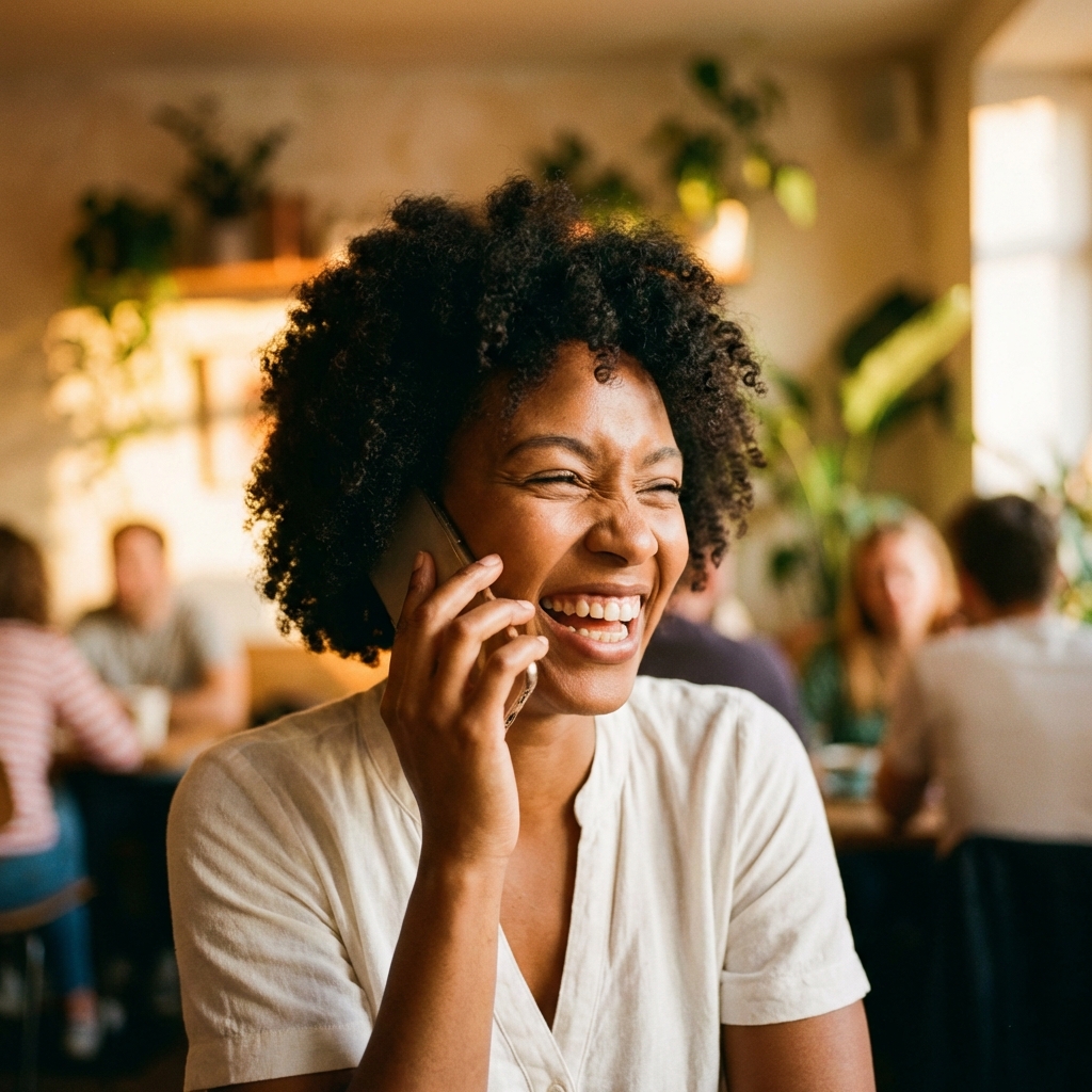 Happy woman having natural conversation on phone