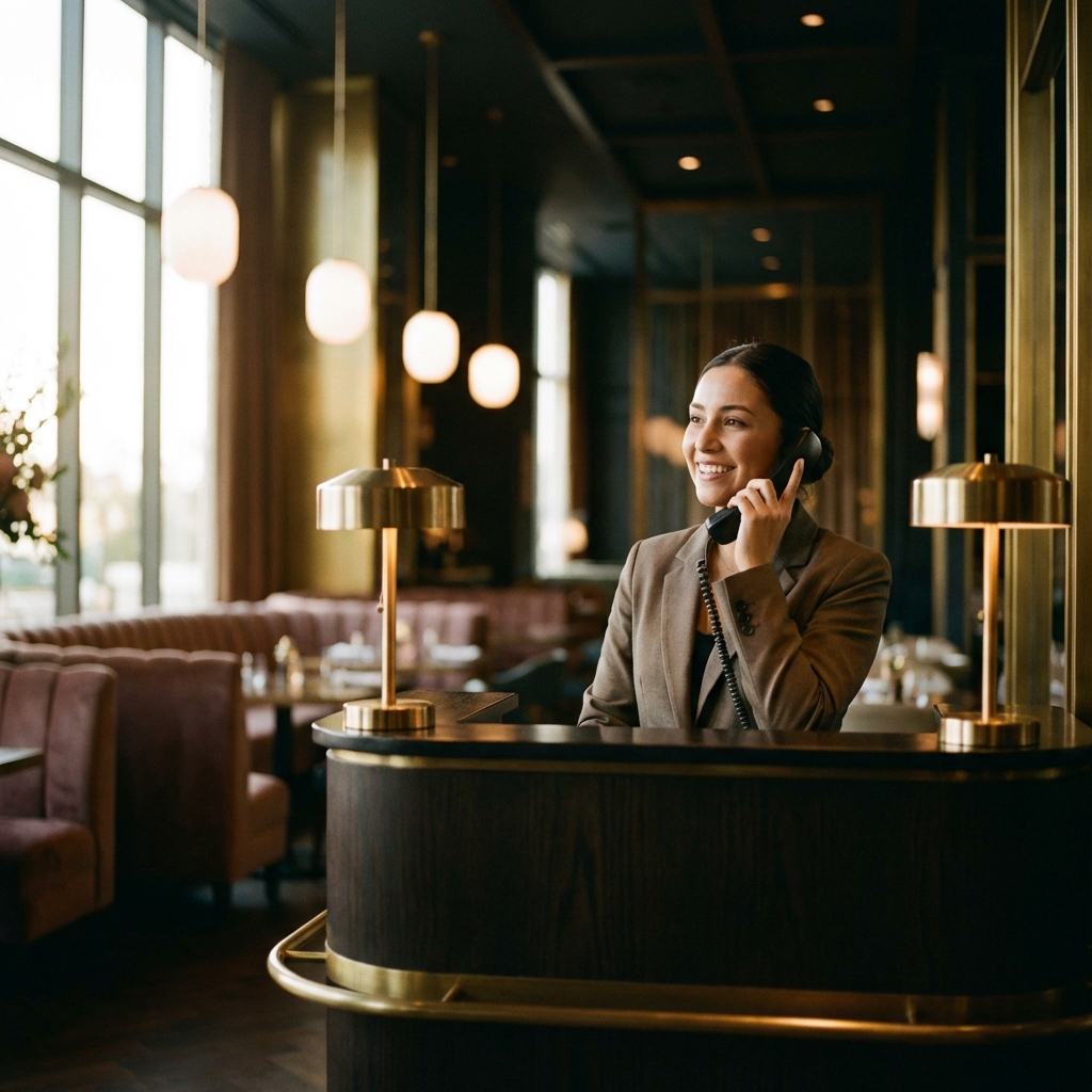 Host answering phone warmly